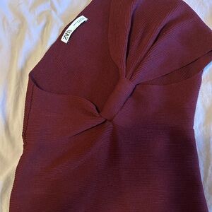Zara Burgundy Twist Knit Shoulder off Top